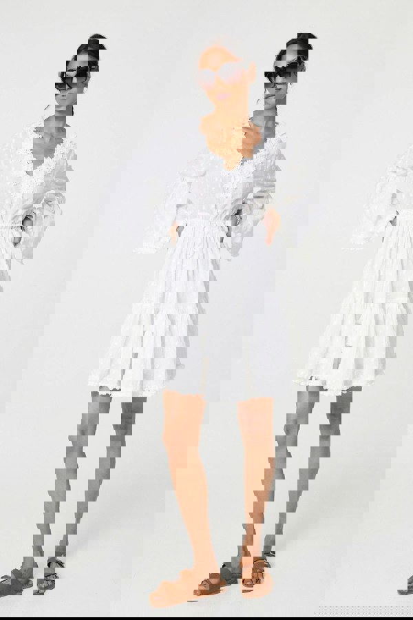 White | Floral Lace Flare Sleeve Mini Beach Dress