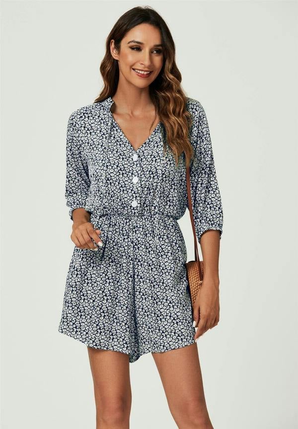 FS Collection Daisy Floral Print Boho Playsuit With Buttons In Navy