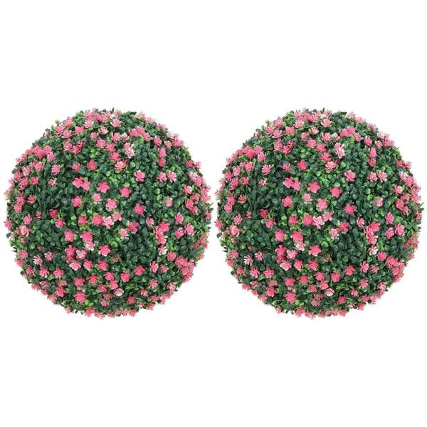 Set of two artificial boxwood ball plants with dark-green and pink foliage