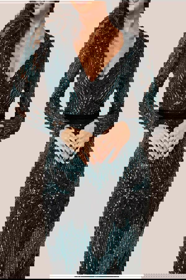 Long Sleeve Sequin Evening Maxi Dress - Emerald DR3016