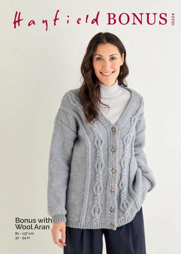 Hayfield Bonus Aran with Wool Knitting Pattern 10224, Cardigans for Women, 32 - 54 Inches