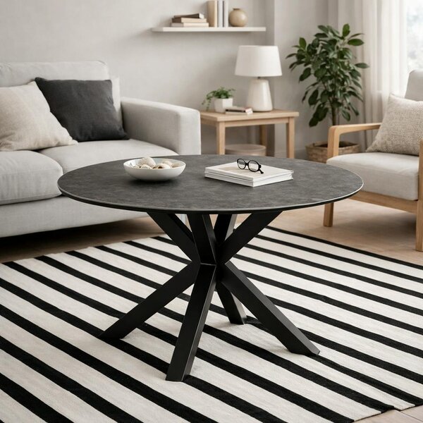 Wyld Haus Perth 119cm Black Ceramic Round Dining Table Industrial Black Metal Legs
