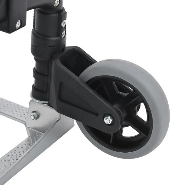 Front caster wheel with black mounting bracket on a folding sack cart