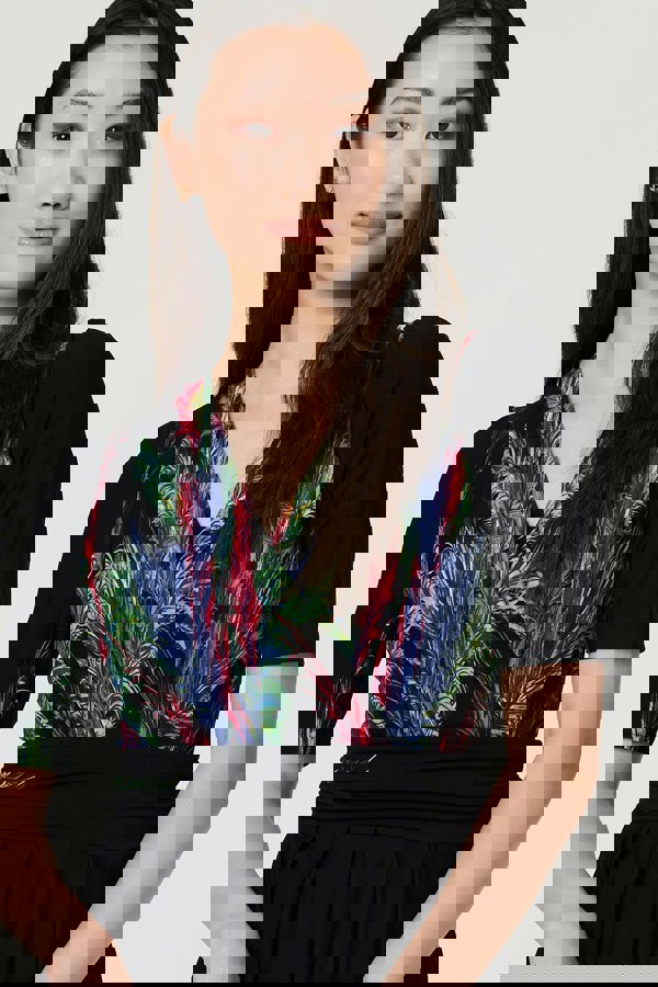 Green | Feather Print Faux Wrap Front Midi Dress