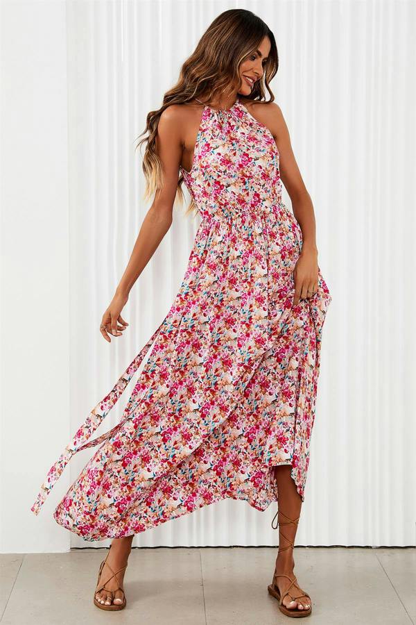 FS Collection Floral Tie Halterneck Maxi Dress In Pink
