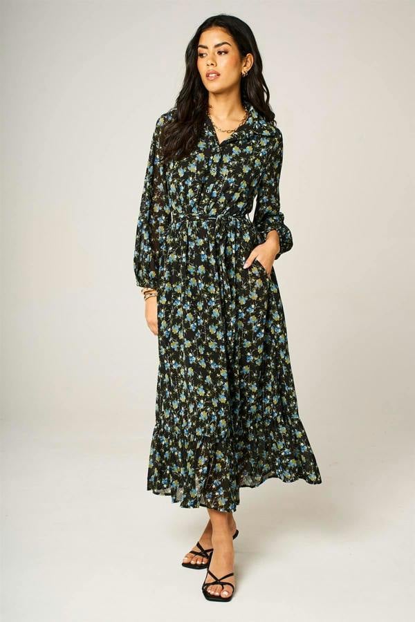 FS Collection Floral Print Hem Detail Shirt Midi Dress With Tie Waist In Black