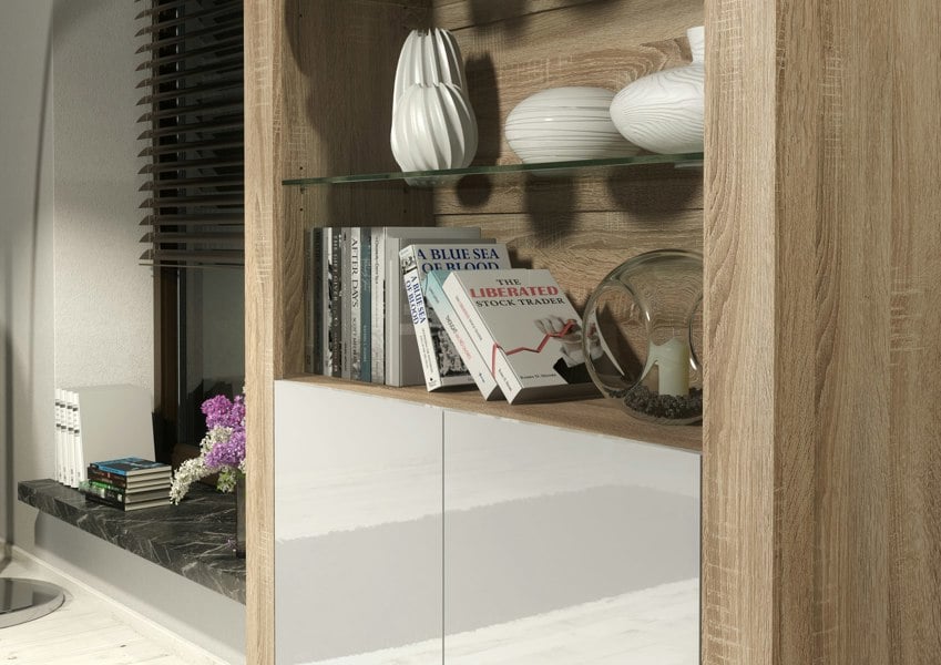 Mex Furniture Tall Display Cabinet 170cm Oak Matt Body and White Gloss Doors – Modern Open Shelving Unit