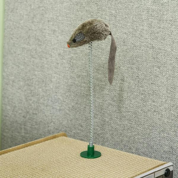 TV-shaped scratching board with hanging toy rat on green stand and textured top