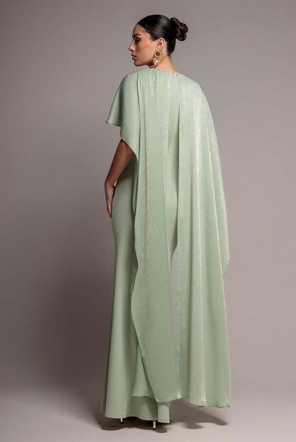 Goddiva Scoop Neck Velvet Satin Cape Sleeve Maxi Dress - Sage Green DR5074