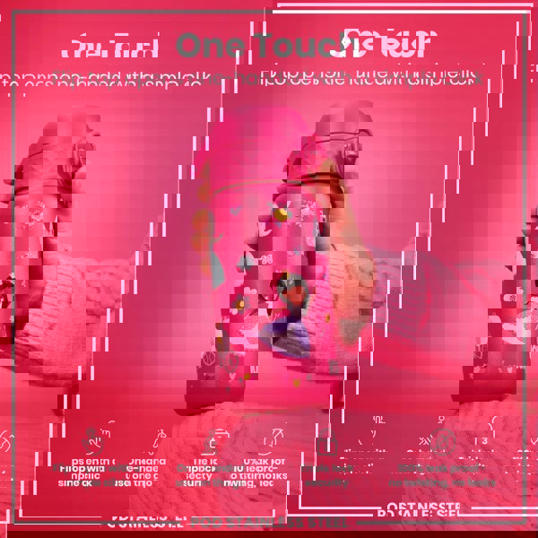 A pink water bottle, decorated with princess imagery, is held; its flip top opens one-handed with a simple click. It features a triple lock security and is 100% leak-proof. The bottle is made of stainless steel.