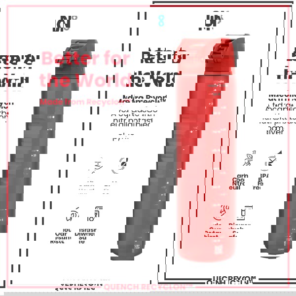 A red water bottle sits against a white background. The bottle is made from Recyclon™, a plant-based polymer, and features volume markings. It is advertised as carbon neutral, BPA free, odour resistant, and dishwasher safe.