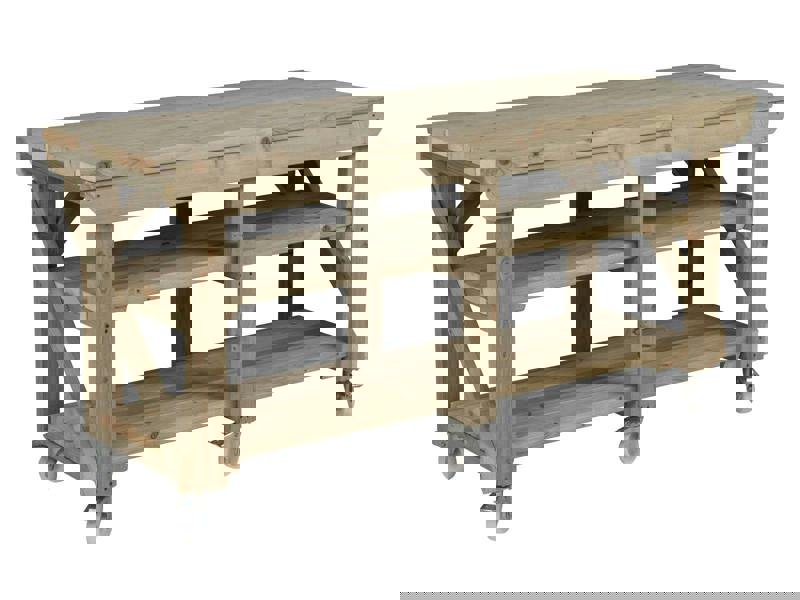Indoor/Outdoor Pressure-Treated Double Shelf with wheels Workbench, a robust and versatile solution for all your workspace needs. Handcrafted in the UK, this workbench is constructed from high-quality, pressure-treated timber, ensuring durability and resistance to the elements, making it suitable for both indoor and outdoor use.