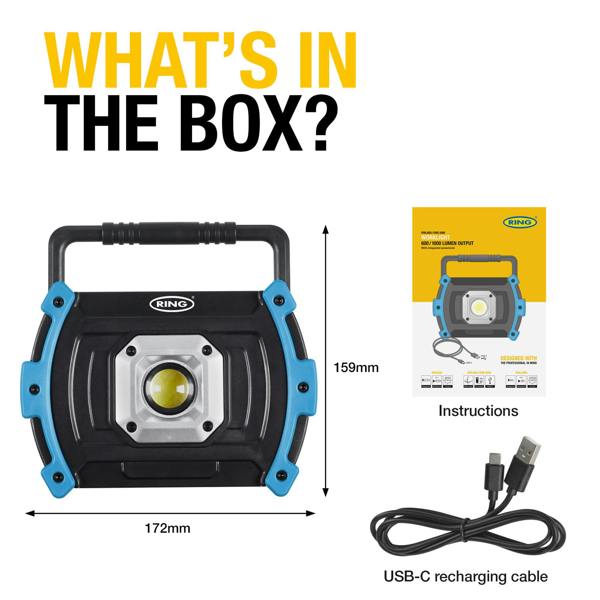 Ring Automotive Ring RWL600 LED Rechargeable Work Light 600 Lumens Workshop Lamp Powerbank