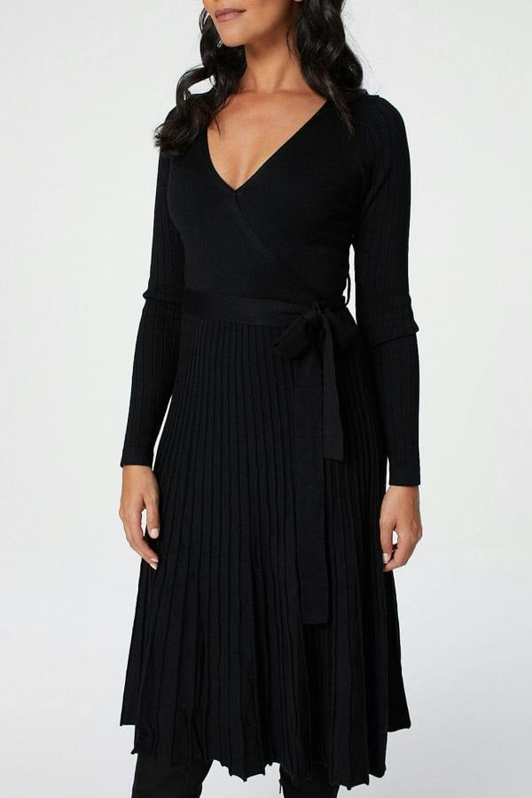 Black | Wrap Front Pleated Midi Dress