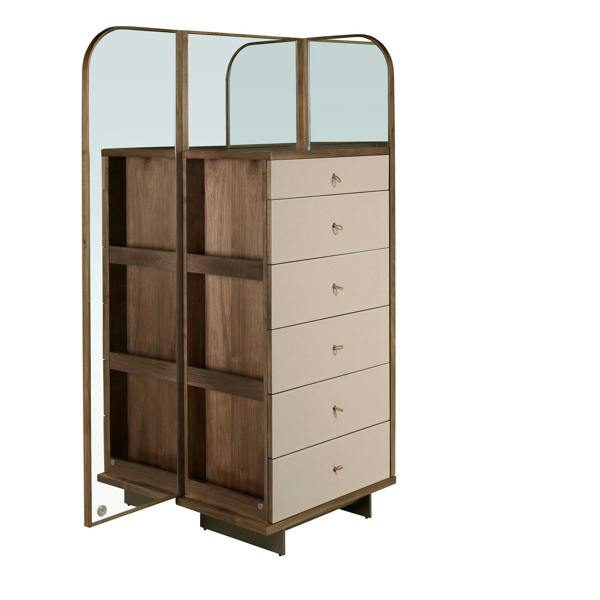 Angel Cerdá Leatherette, Walnut and Polished Steel Chest of Drawers With Mirror 7206