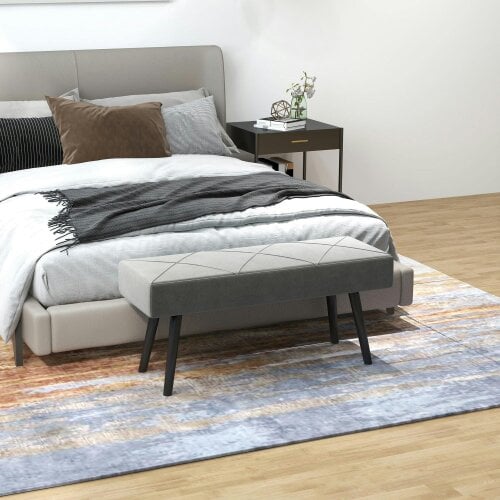Wyld Haus Mazuka Grey End Of Bed Bench With X Frame Black Metal Legs Geometric Pattern