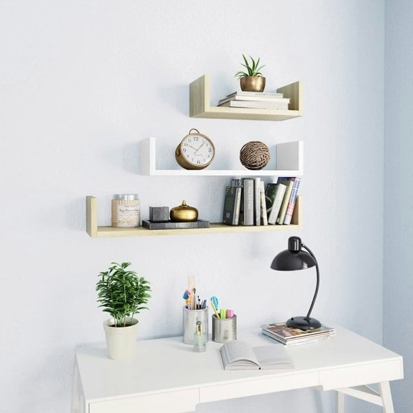 Berkfield Wall Display Shelf 3 pcs White and Sonoma Oak Engineered Wood