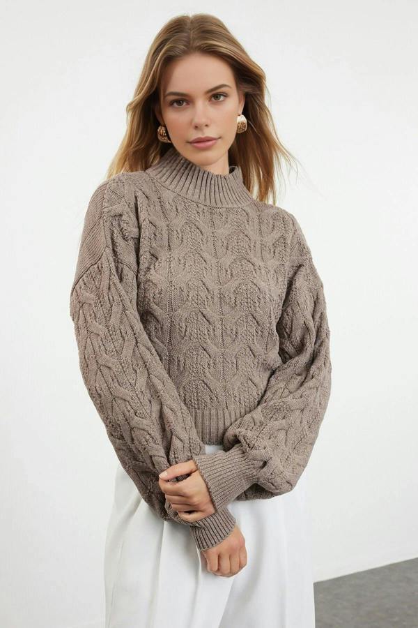 WOVCOR Crop Stand Collar Knit Sweater