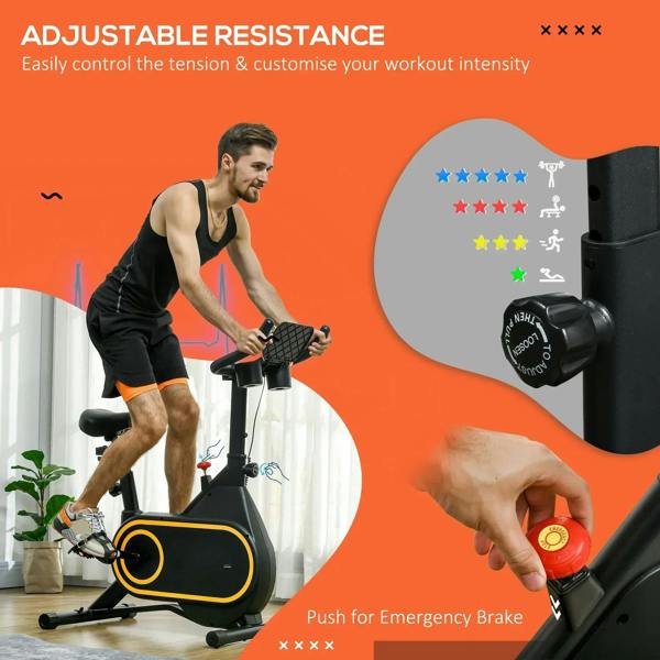 Black indoor cycling bike with LCD console and emergency brake switch