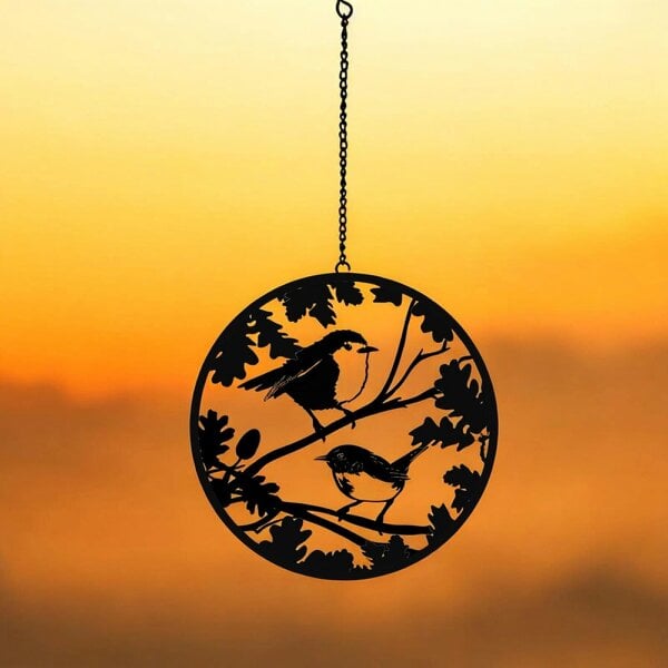 EDH Door Hardware Black Robin & Wren Hanging Mirror Silhouette – 39cm x 23cm | Metal Art Garden Décor | Reflective Hanging Ornament