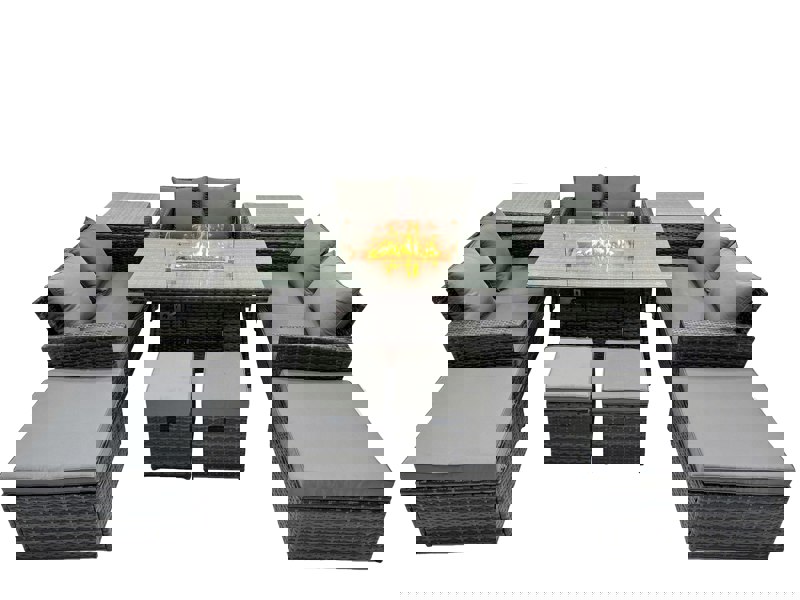 Fimous Outdoor Love Sofa Set 10 Seat Rattan Garden Furniture Set with Gas Firpit Dining Table 4 Footstools 2 Side Table Dark Grey Mixed