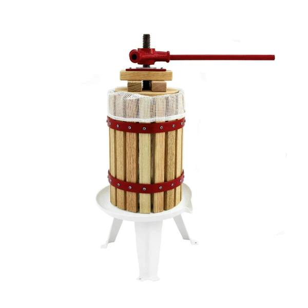 KuKoo fruit crusher with wooden barrel, red metal handle, and white base, designed for efficient fruit pressing and juicing