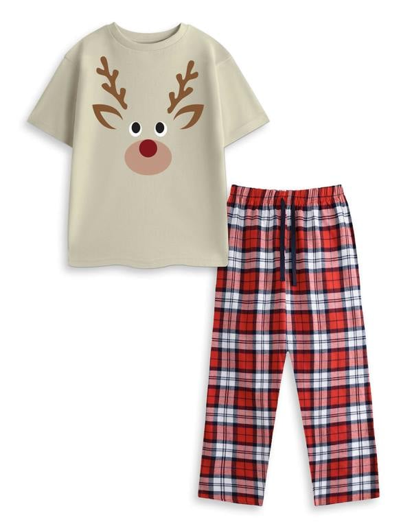 Show Me The Merch Unisex Kids Beige Reindeer Short Sleeve Long Leg Pyjama Set