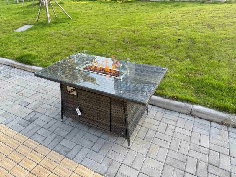 Fimous Rattan Garden Furniture Dining Set 6-seater Patio Rectangular Gas Fire Pit Table Chairs Outdoor Dark Grey Mixed