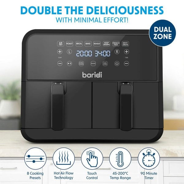 8L Dual Zone Air Fryer Oven - 8-in1 Easy Clean Black Worktop Cooker 2x 4L Basket - LoopsDirect