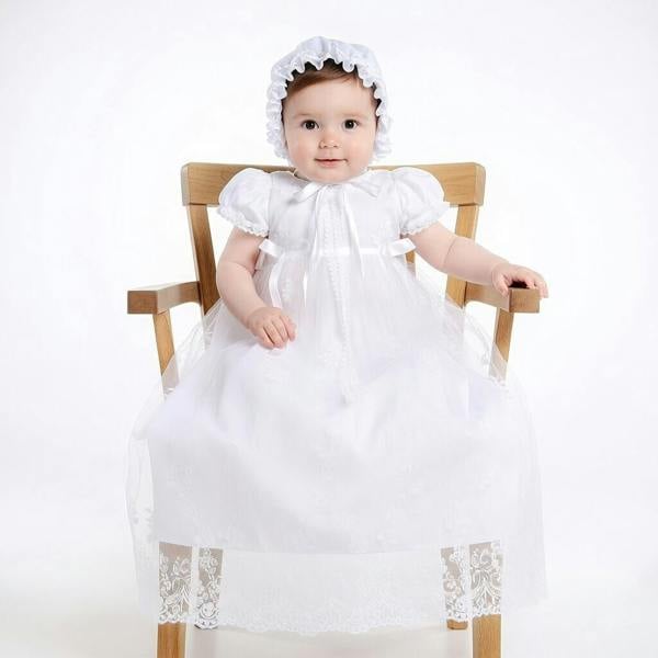 Floral Lace Long Christening Gown with Bonnet