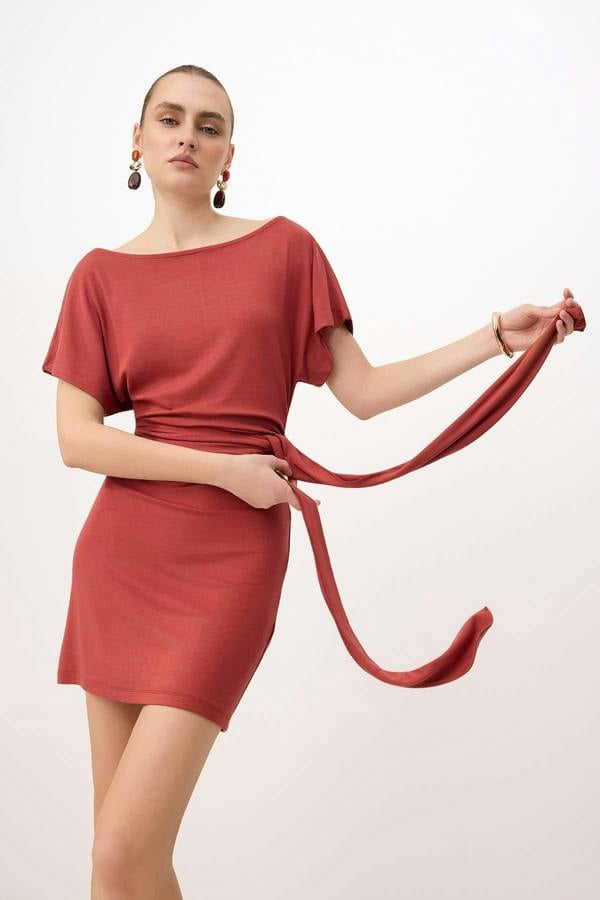 WOVCOR Bodycon Asymmetric Neck Tie Detail Short Sleeve Mini Dress