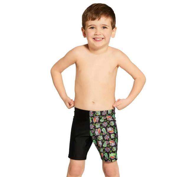 Zoggs Tots Boys Finzilla Mid Swim Jammer in black and green floral turtle print