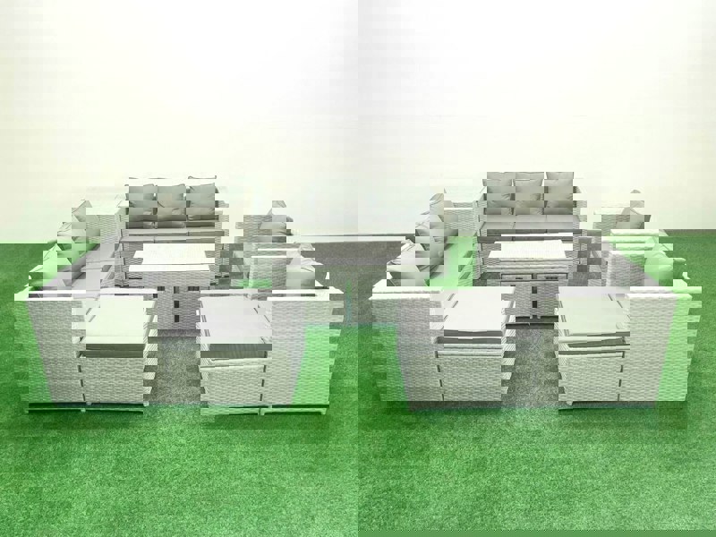 Fimous Rattan Garden Furniture Set Outdoor Lounger Sofa with Coffee Table 4 Footstools Side Table Light Grey Mixed