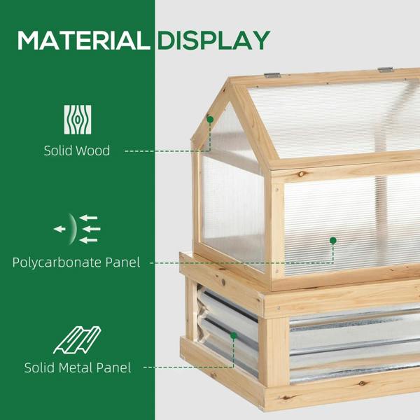Wooden cold frame greenhouse with clear polycarbonate panels and solid wood frame