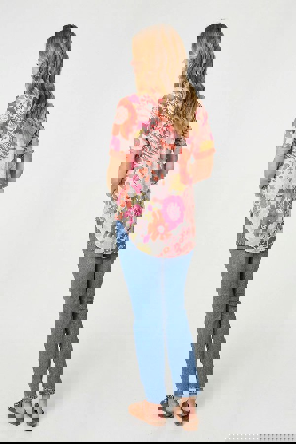 Orange | Floral Short Sleeve Stud Trim Blouse
