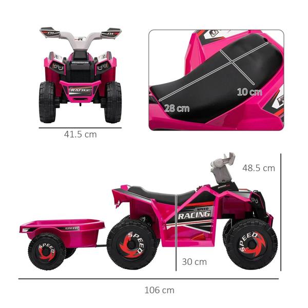 Pink ride-on quad bike with rear trailer; size diagram of seat, wheels, and body