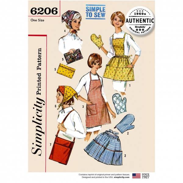 Simplicity Sewing Pattern 6206, Aprons, Scarves, Bags, Vintage Style for Women, One Size - Easy