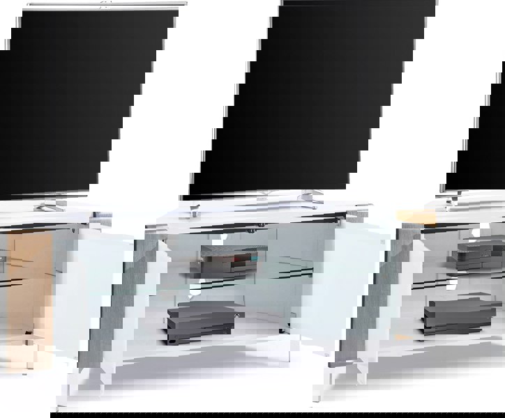 MDA Designs CORVUS Corner-Friendly Gloss White Contemporary Cabinet with Oak Profiles White BeamThru Glass Doors for Flat Screen TVs up to 50"