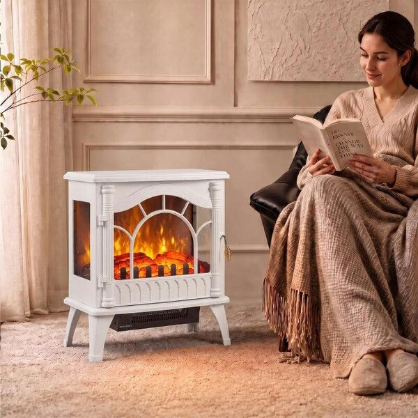 3-Sided Glass Electric Fire Fan Heater, Electric Fireplace Stove Freestanding Log Burner with Flame Effect, White