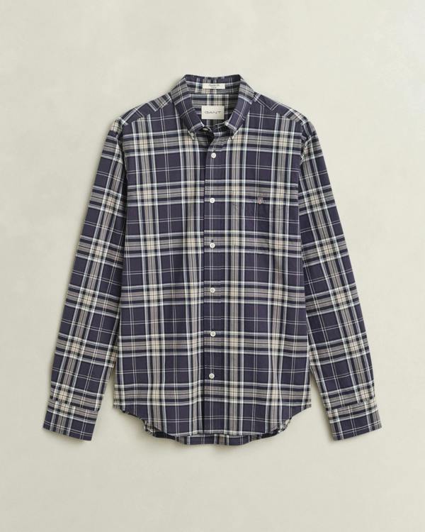GANT Mens Regular Fit Poplin Check Shirt - 251 Mist Taupe | CHO | Designer Mens Long Sleeve Shirts
