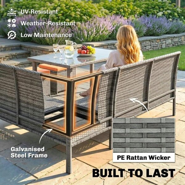 6-Seater Rattan Dining Set Sofa Table Footstool Outdoor w/ Cushion Garden Furniture, Orange