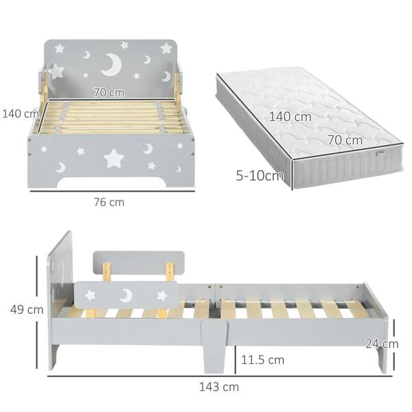 Grey toddler bed size diagram with star and moon panels and mattress dimensions