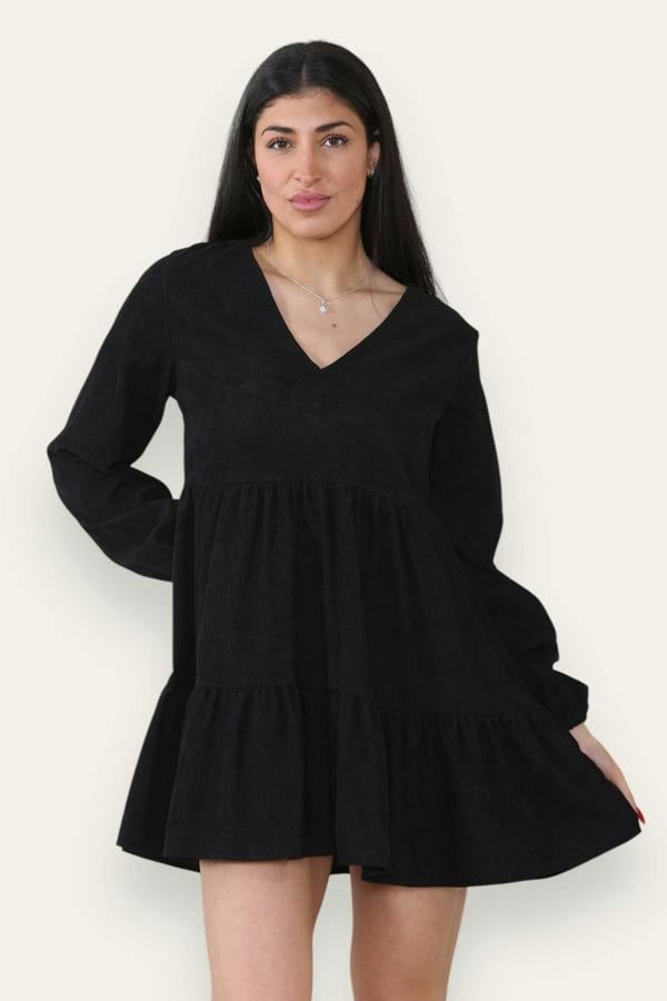 Elaina Fashion Women's Black Corduroy V-Neck Smock Mini Dress