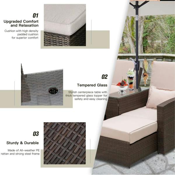 Brown rattan 2-seat sofa lounger set featuring thick beige seat cushions and pillows