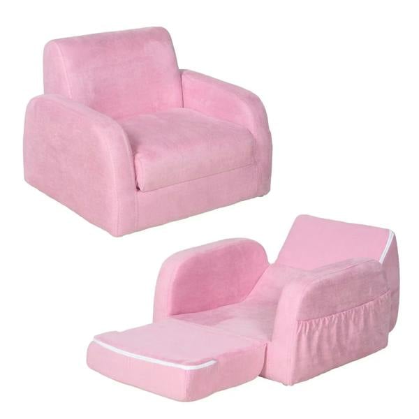 Pink kids armchair with cushioned backrest and armrests, soft toddler sofa bed design
