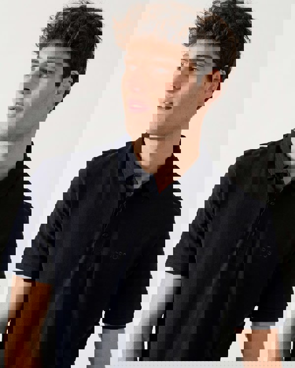 BOSS Green Paddy Mens Cotton-Piqué Polo Shirt with Contrast Logo - Navy 411