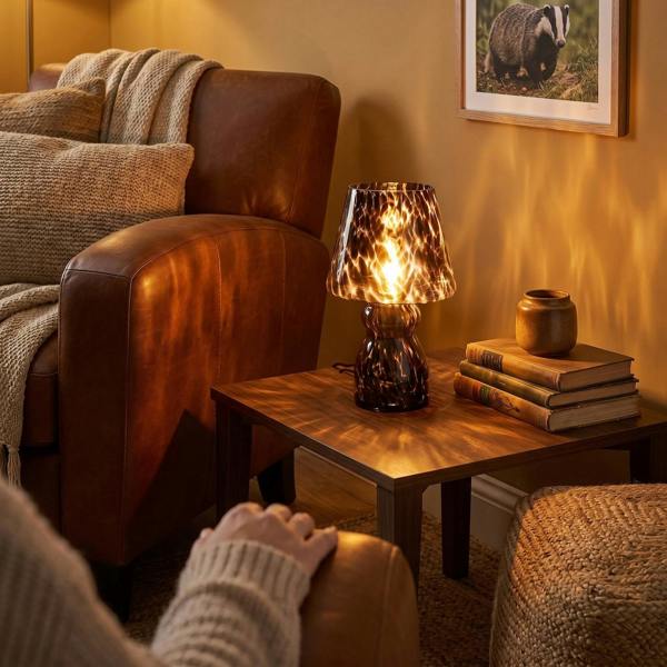 Clear Glass Mushroom Table Lamp with Brown Speckle Snowflake Pattern Image 6