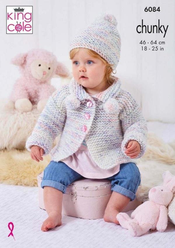 King Cole Bumble Chunky Knitting Pattern 6084, Coats, Cardigans, Tops, Headwear for Baby, Kids, 18 - 25 Inches