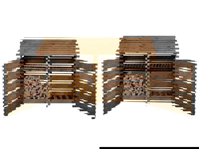 Arbor Garden Solutions Slatted Wooden Log Store with Doors and Shelf W-227cm, H-126cm or 180cm, D-88cm - Brown Finish