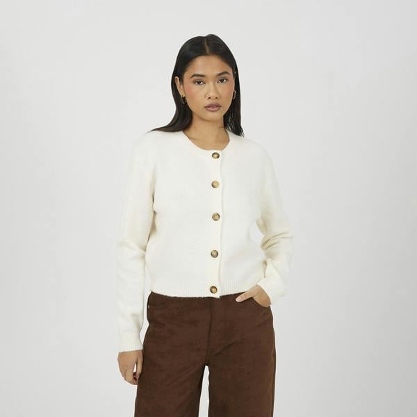 Brave Soul Off White Round Neck Jersey Knit Cardigan - Off White Image 1